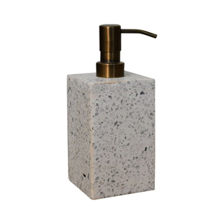 Rectangular soap dispenser in light grey terrazzo with an antique brass pump.