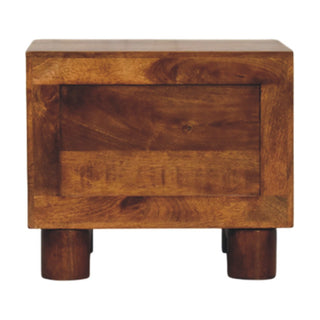 Direct front view of the chestnut nightstand showing the solid framed construction and two cylindrical wooden feet.