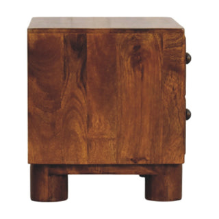 Full left side profile of the chestnut nightstand showing the solid wood construction and cylindrical feet.