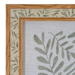 Detail shot of the frame corner, highlighting the wood grain effect and the textured fabric mount.