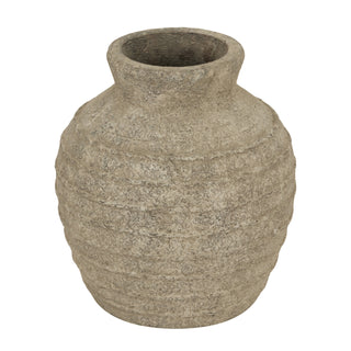 Large, bulbous grey vase with a rough, textured finish and horizontal ridges, isolated shot.