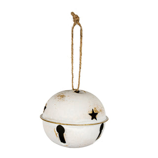 Single distressed white metal bell with keyhole and star cutouts, hanging from a natural twine loop.