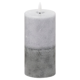 Two-tone grey flameless LED pillar candle with a natural wax texture and white plastic flame.