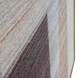 Close-up detail of the canvas texture, showing diagonal, linear brushstrokes in brown, beige, and cream paint.