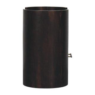 Full view of the dark wood curved cylindrical support piece with brass fitting.