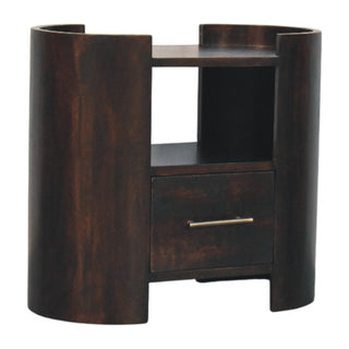 Dark wood bedside table featuring cylindrical side supports, an open storage space, and a single drawer.