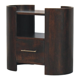 Full front view of the Valencia bedside table showing the dark wood grain, open cubby, and lower drawer.