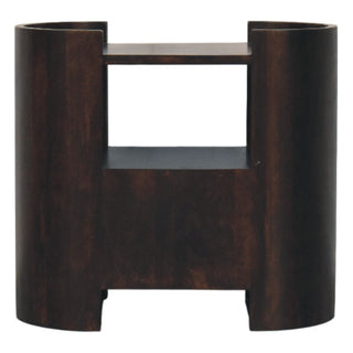 Dark wood bedside table shown without the drawer, highlighting the open storage shelf and lower compartment.