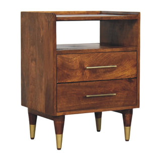 Dark wood bedside table in a three-quarter view, showing the open shelf, two drawers, and tapered legs with brass tips.