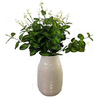 Artificial variegated spray displayed in a cream crackle-glazed vase.
