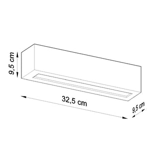 Diagram illustrating the size of the wall light: 32.5 cm wide, 9.5 cm high, and 9.5 cm deep.