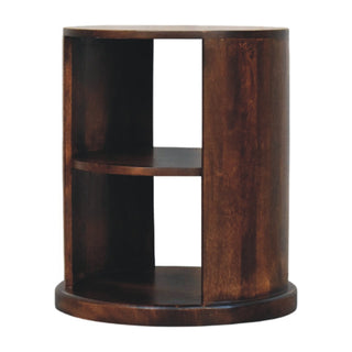 Angled view of the dark wood Ventura side table showing the curved exterior and internal shelf structure.