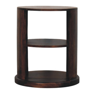 Plain front-on view of the dark wood Ventura side table with two circular shelves.