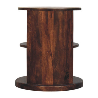 Dark wood Ventura side table, straight-on view highlighting the solid back panel and circular base.