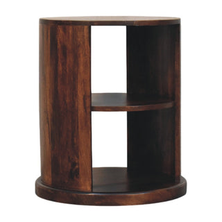 Dark wood Ventura side table studio shot highlighting the open semi-circular internal storage sections.
