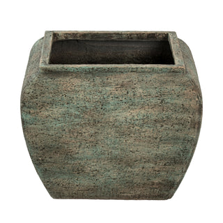 Single square drum planter with a curved body and distressed green finish on a white background.