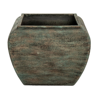 Single square planter showing the curved drum shape and dark, textured interior.
