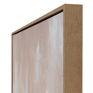 Detail shot showing the wood grain texture of the light brown frame surrounding the canvas edge.