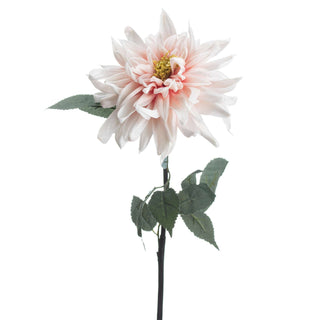 Full view of the artificial pink dahlia single stem and attached green leaves against a white background.