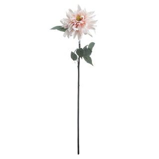 Artificial pink dahlia bloom and long dark stem viewed straight on against a plain white backdrop.