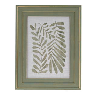 Front view of the wooden photo frame in distressed sage green with gold trim. Placeholder art shows green leaves.