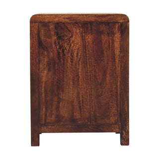 Back view of the dark walnut bedside cabinet, highlighting the solid wood panel and construction details.