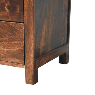 Dark walnut bedside cabinet base detail, showing the short square legs and side frame construction.