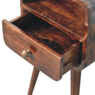 Close-up showing the open drawer and open slot of the dark walnut bedside table.