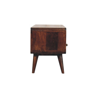 End view of the walnut media unit, showing the solid wood side panel and the pair of angled tapered legs.
