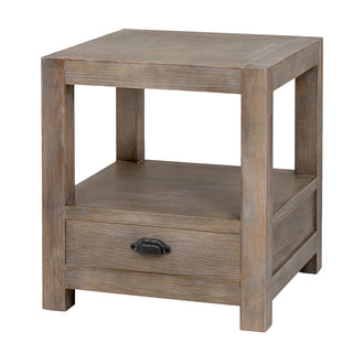 Washed oak side table with shelf and drawer, shown on a white background in a studio shot.
