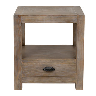 Front view of the washed oak side table showing the textured wood grain and dark metal handle.