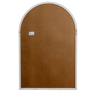 Back view of the arched mirror showing the brown backing board and metal wall hanging brackets.