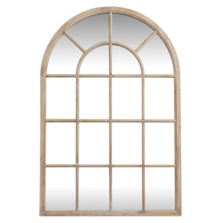 Full length, front-on studio shot of an arched mirror with a washed wood frame and multiple rectangular mirrored panels.
