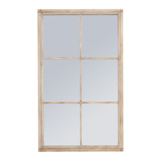 Large rectangular mirror with a washed wood frame, divided into six panes.
