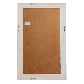 Back view of the washed wood framed mirror, showing the brown backing board and metal hanging hooks.