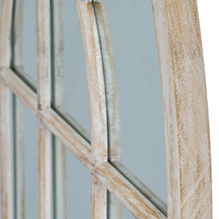 Detail showing the side profile and rough texture of the washed wood frame and the mirrored panels.