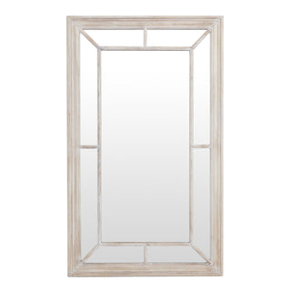 Plain front-on shot of the rectangular mirror with a washed wood frame and window pane detailing.