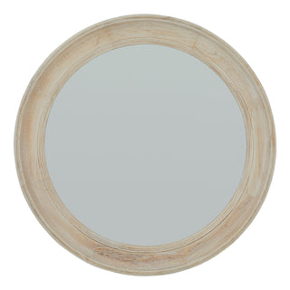 Round mirror with a thick, pale washed wood frame, shown front-on against a white background.