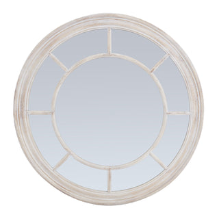 Round mirror with a washed wood frame and internal pane detailing, plain front view.