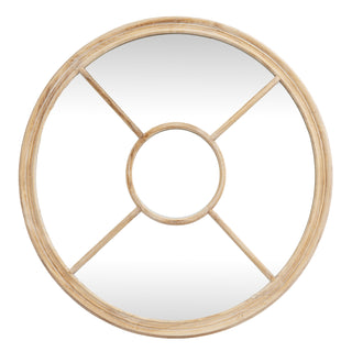 Plain front-on view of the round washed wood window mirror with a central circular division.