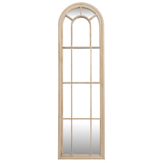 Plain front-on view of the tall arched window mirror with light wood frame.