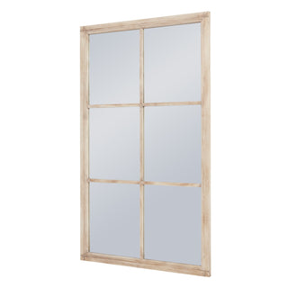 Washed wood window mirror shown at an angle on a white background.