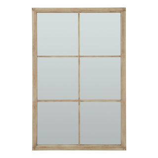Front-on view of a large rectangular mirror with a washed wood frame, divided into six panes like a window.