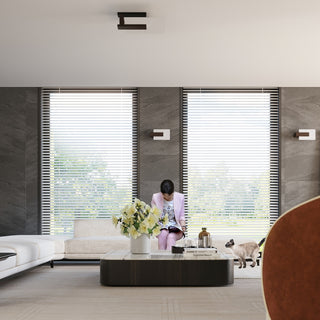 Set of Wenge wall lamps and matching ceiling light installed in a modern living room setting.