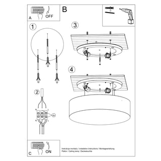 Technical line drawing showing installation instructions for the ceiling lamp, detailing mounting hardware and electrical wiring.