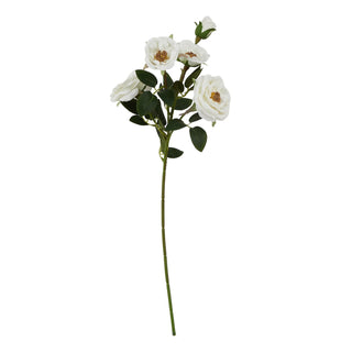 Plain studio shot of a white artificial rose stem with five blooms and a bud, showing dark green foliage.