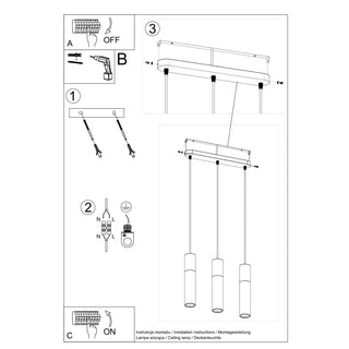 Technical line drawing illustrating the wiring and mounting instructions for the 3-light pendant.