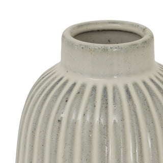Detail of the vase opening and upper body, showing the textured, speckled white glaze finish.