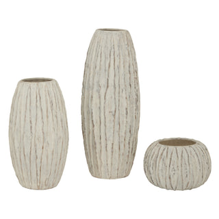 Three white ceramic Lorenzo vases displayed together, showing the tall, medium, and squat shapes.