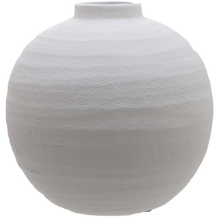 White globular ceramic vase with a narrow neck, featuring a rough, horizontally banded texture.